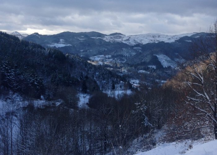 Les monts d'Ardèche enneigés. La psicine est hivernée. mettons nous au chaud près d'un feu de cheminée au grand gîte les Combes